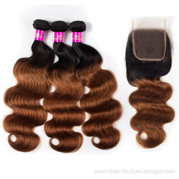 Ombre Red Brown Color 1B/30 Human Hair Bundle with 4x4 Lace Closure Brazilian Virgin Body Wave Bundle Deals Factory Price Vendor